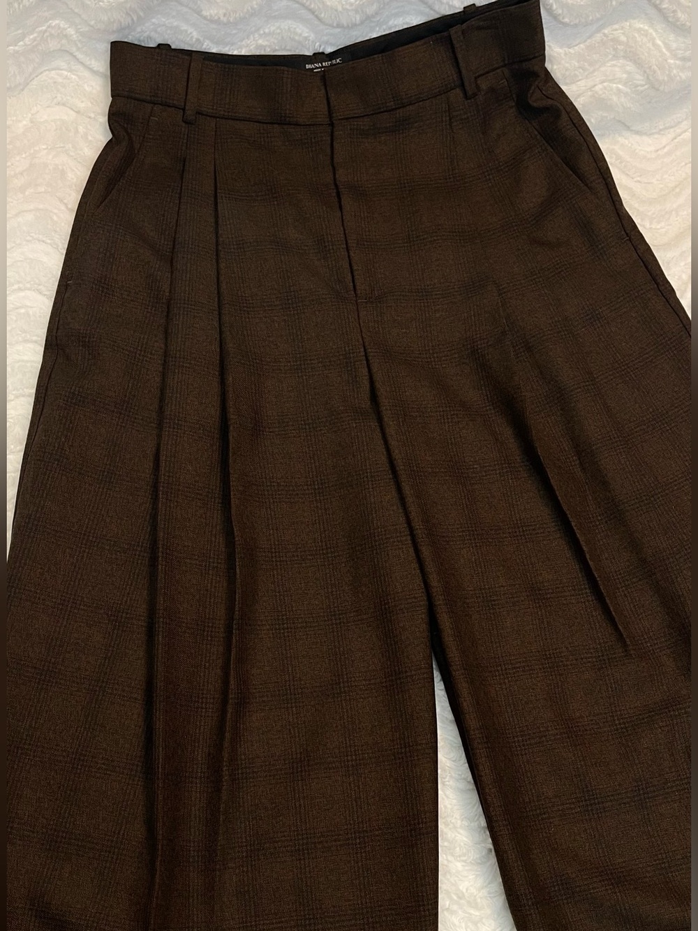 NWOT Banana Republic Wool Brown Plaid Double Pleat Wide-Leg Pants - Picture 2 of 16
